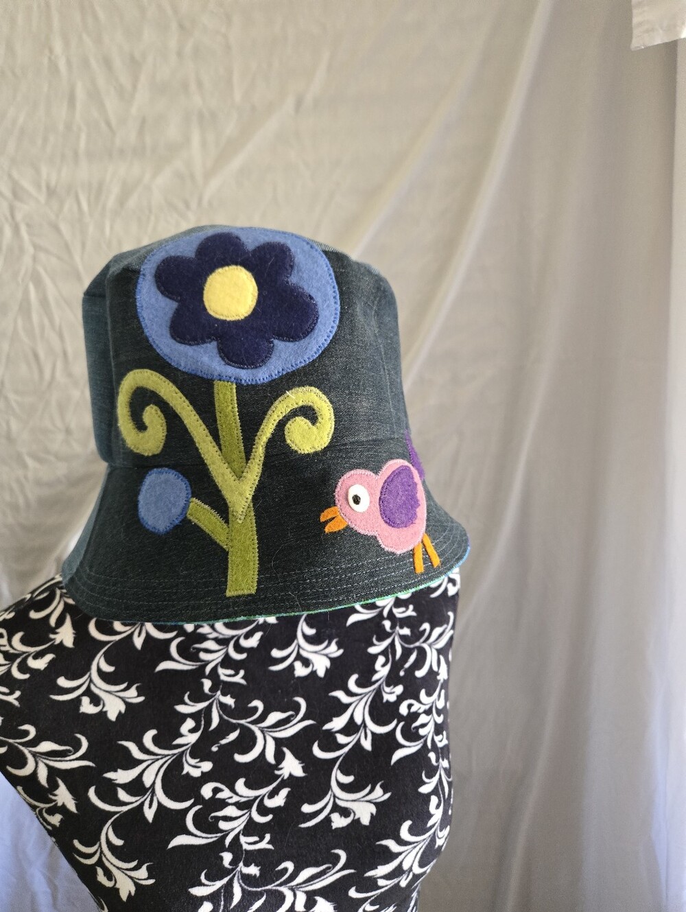 Denim Bucket Hat with Flower & Bird